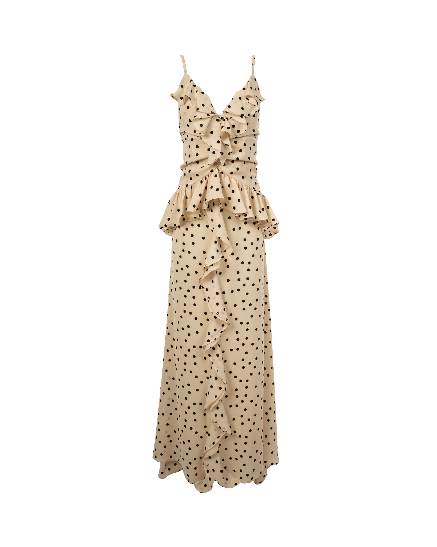 Beige dress with black polka dots on a white background