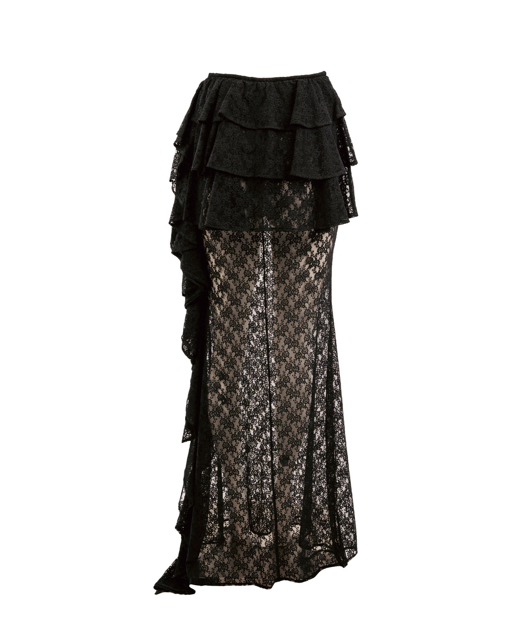 Black lace skirt with layered design on a white background