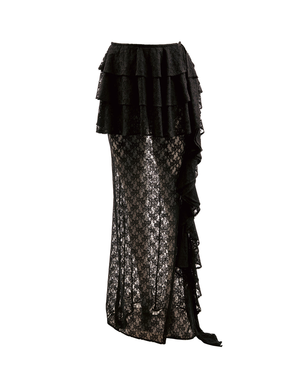 Black lace skirt with ruffled layers on a white background