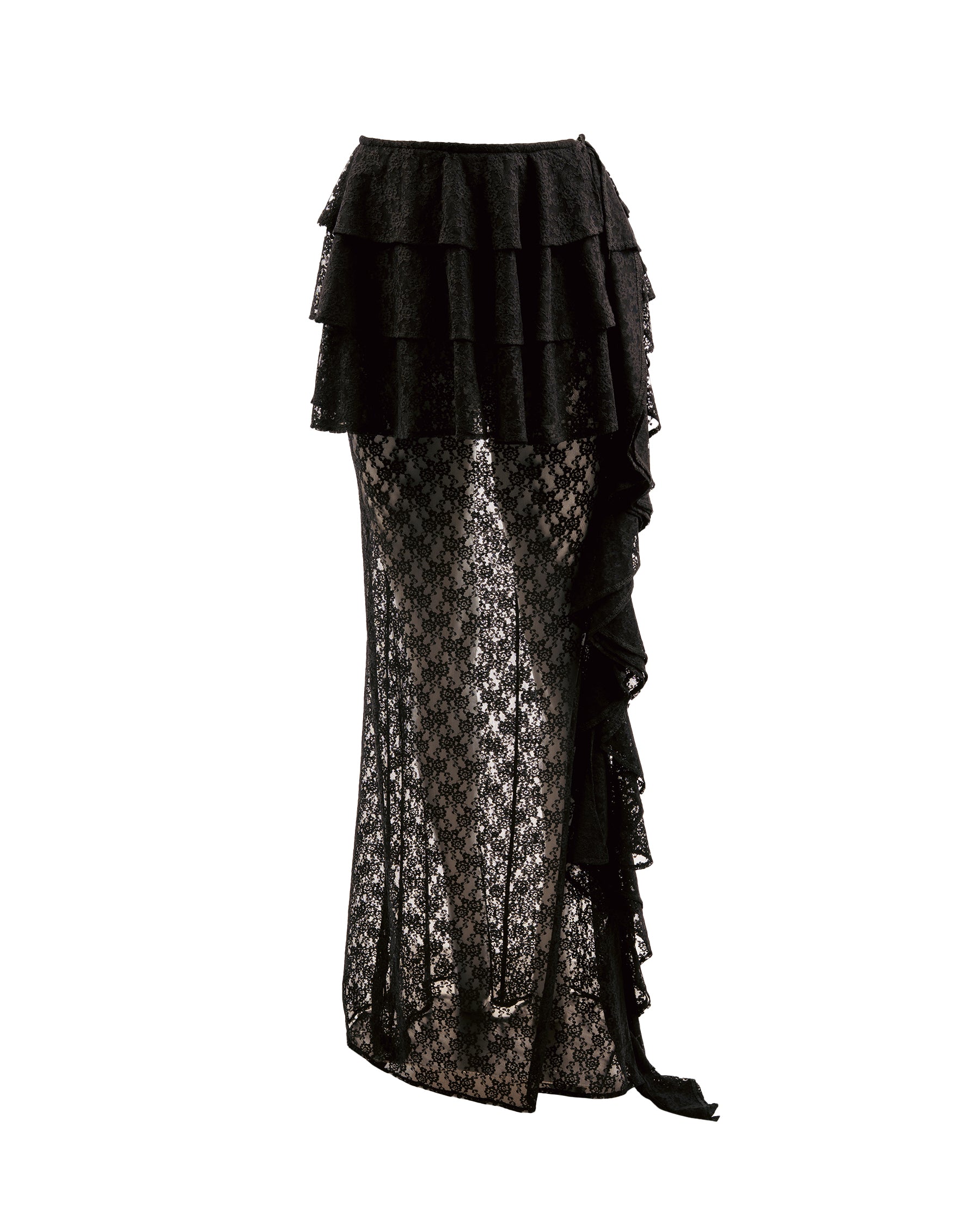 Black lace skirt with ruffled layers on a white background