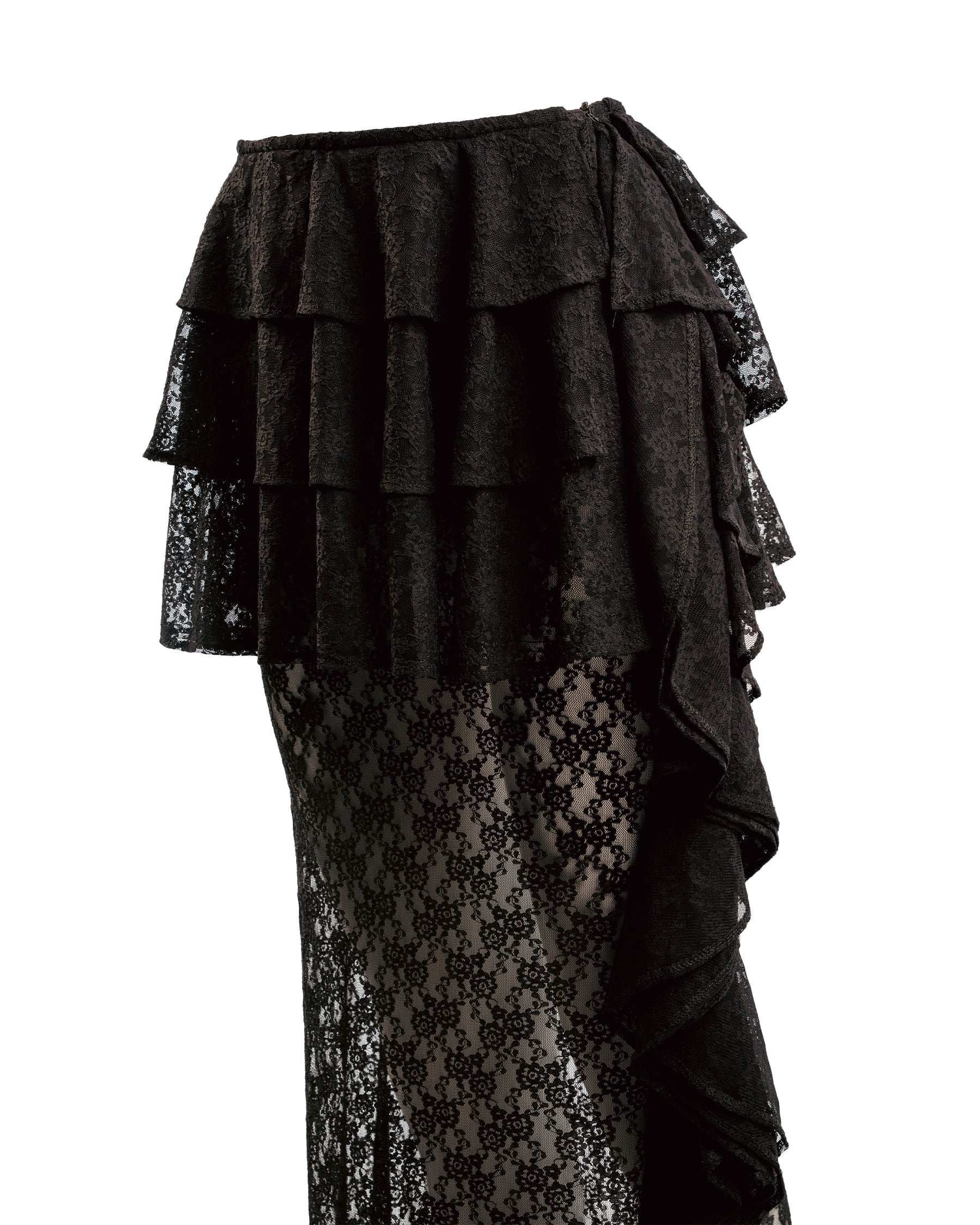 Black ruffled lace dress on a white background