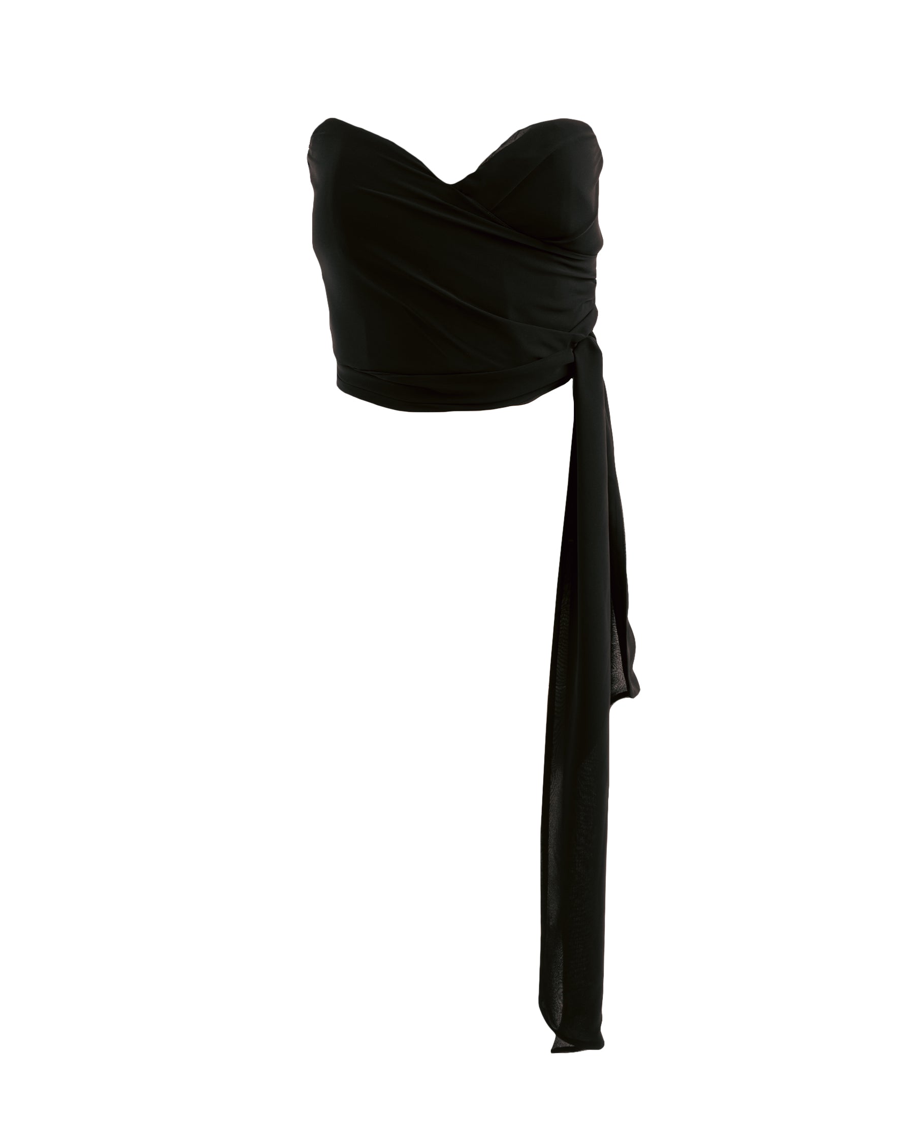 Black strapless top with a tie detail on a white background