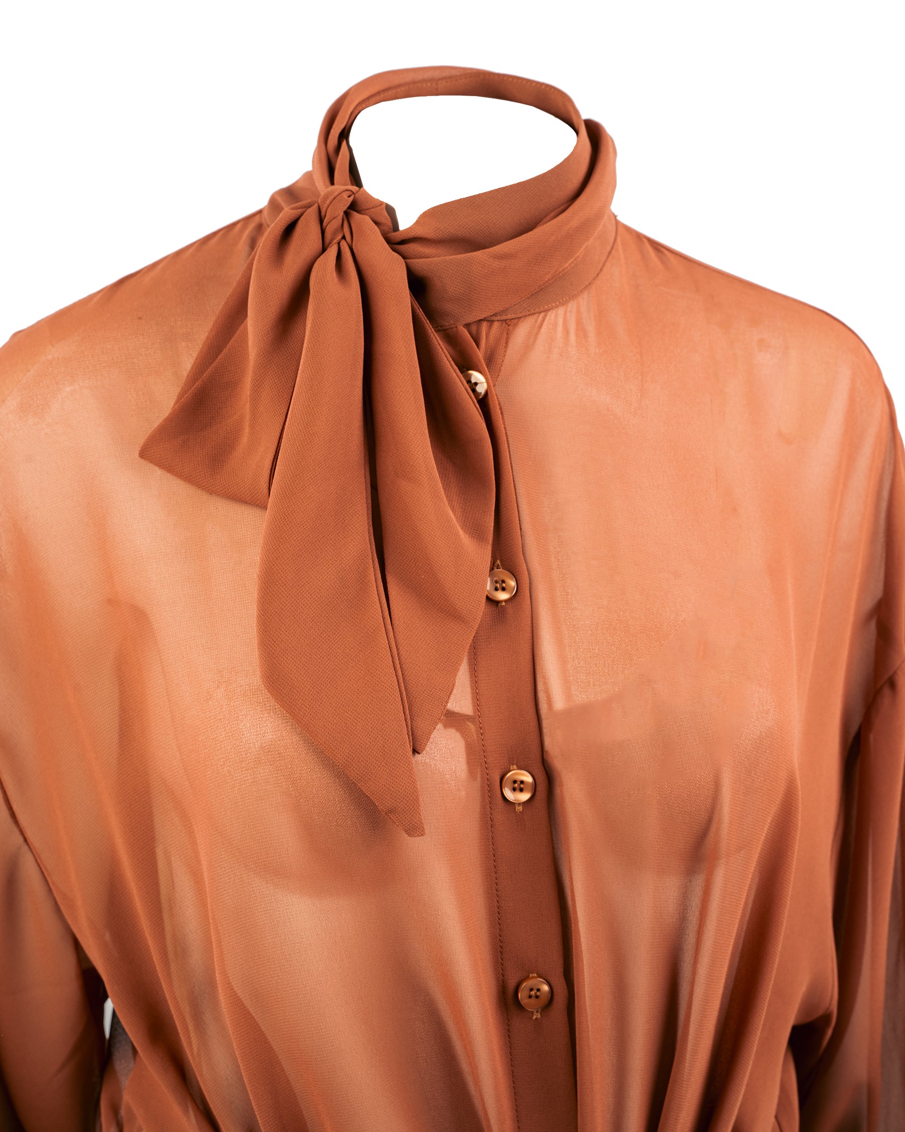 Brown blouse with a tie-neck design on a white background