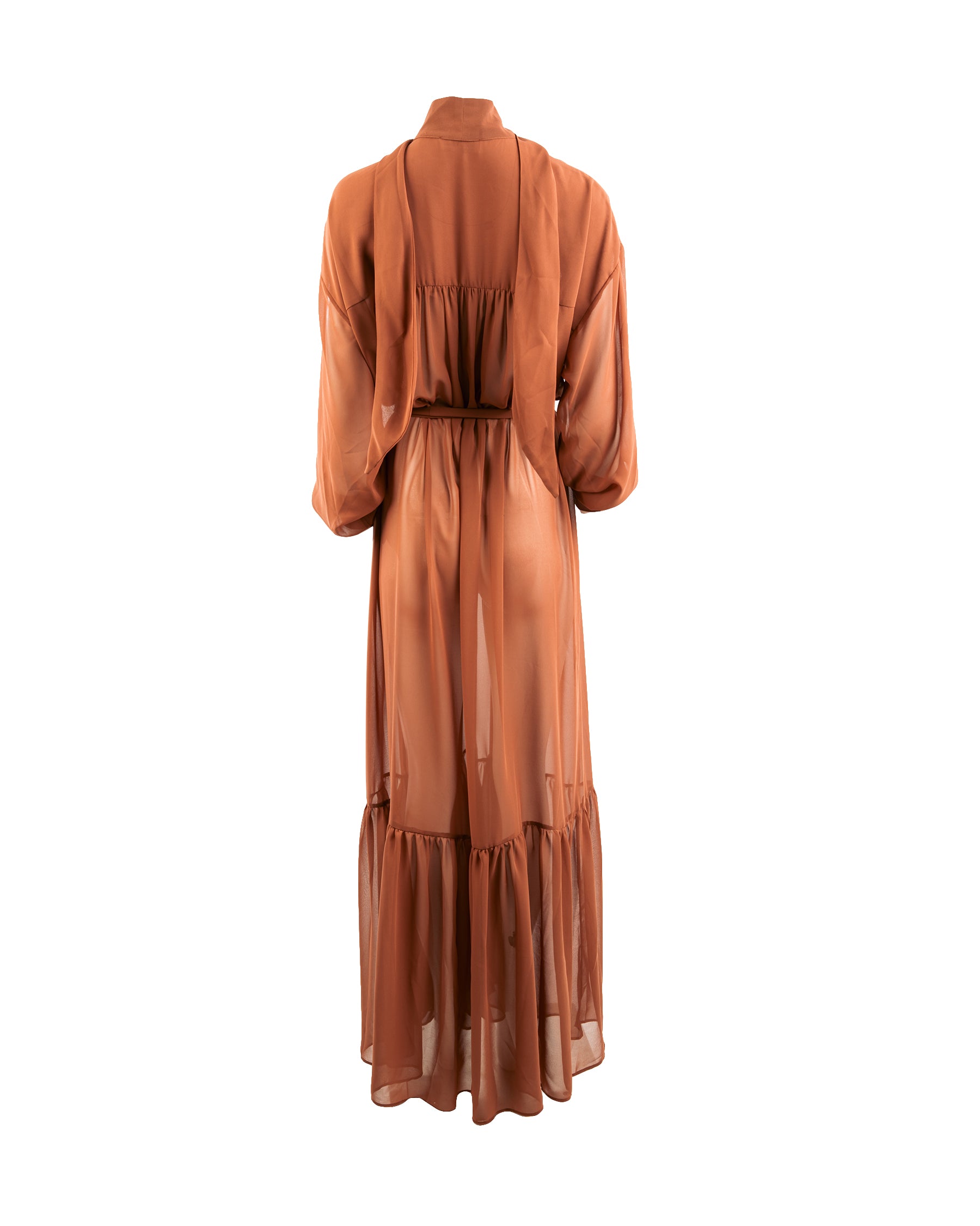 Brown dress on a mannequin against a white background