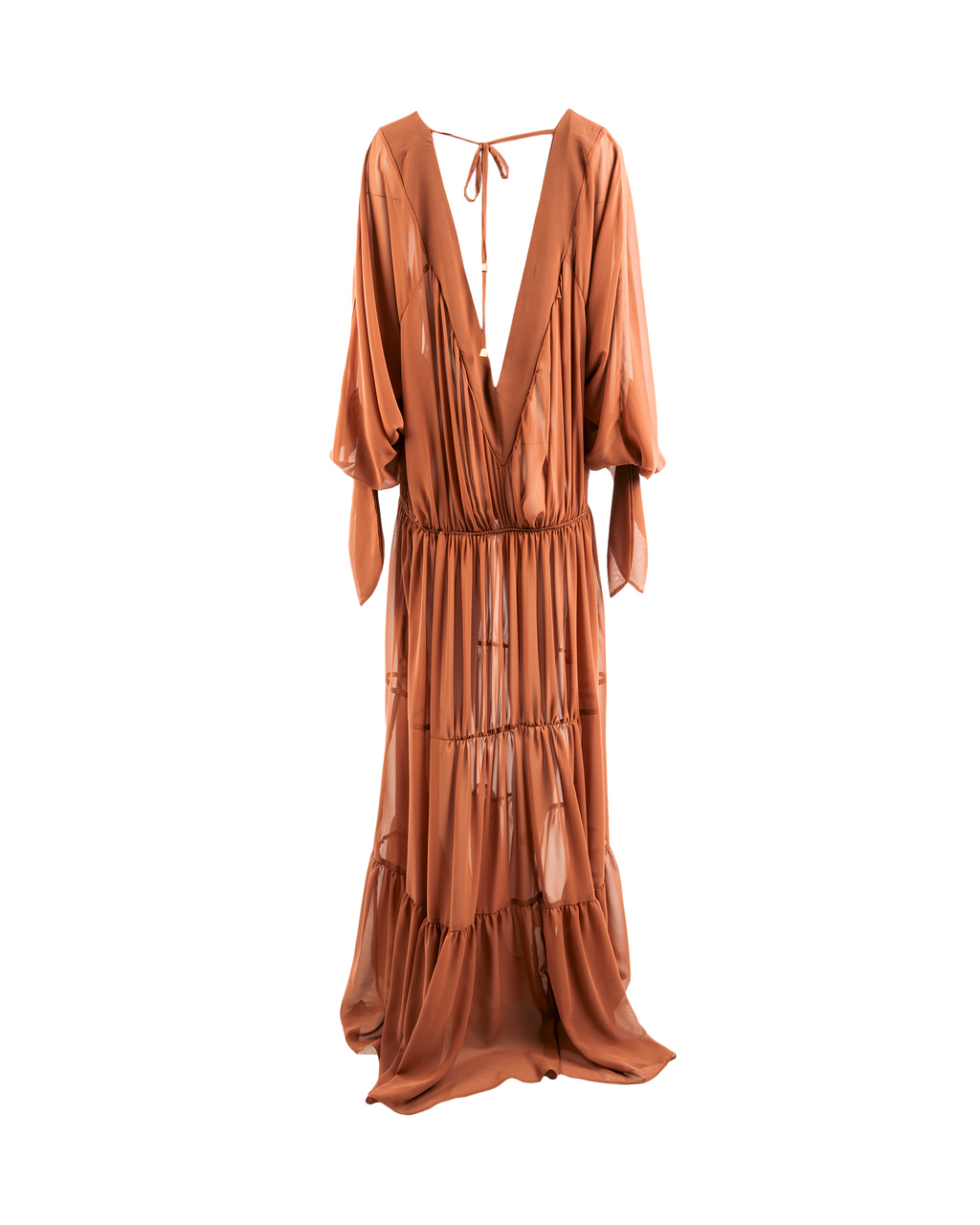 Brown dress with a deep V-neck and tiered skirt on a white background