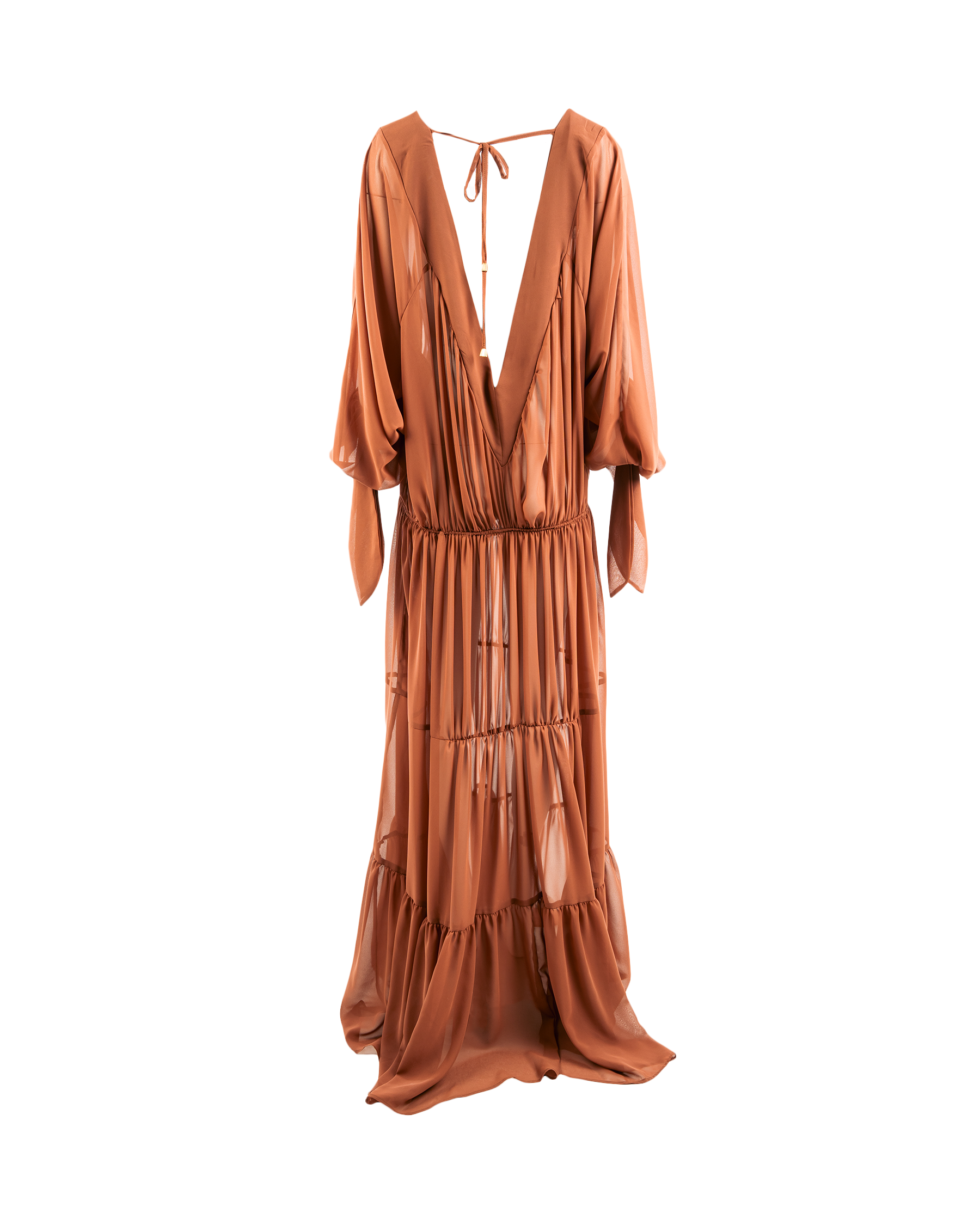 Brown dress with a deep V-neck and tiered skirt on a white background