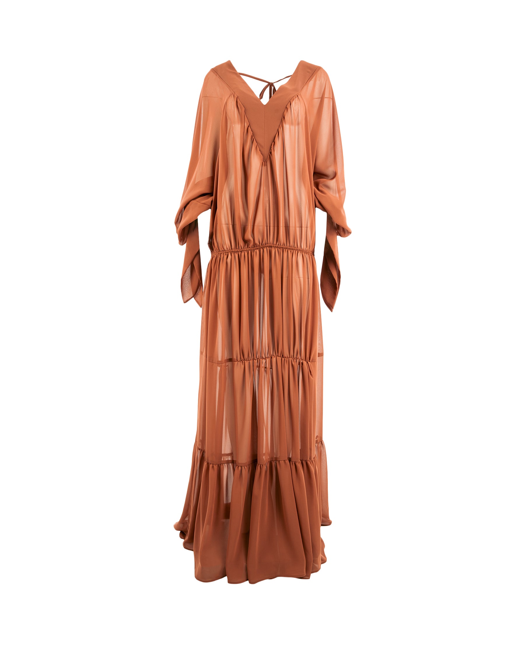 Brown dress with a tiered skirt on a white background