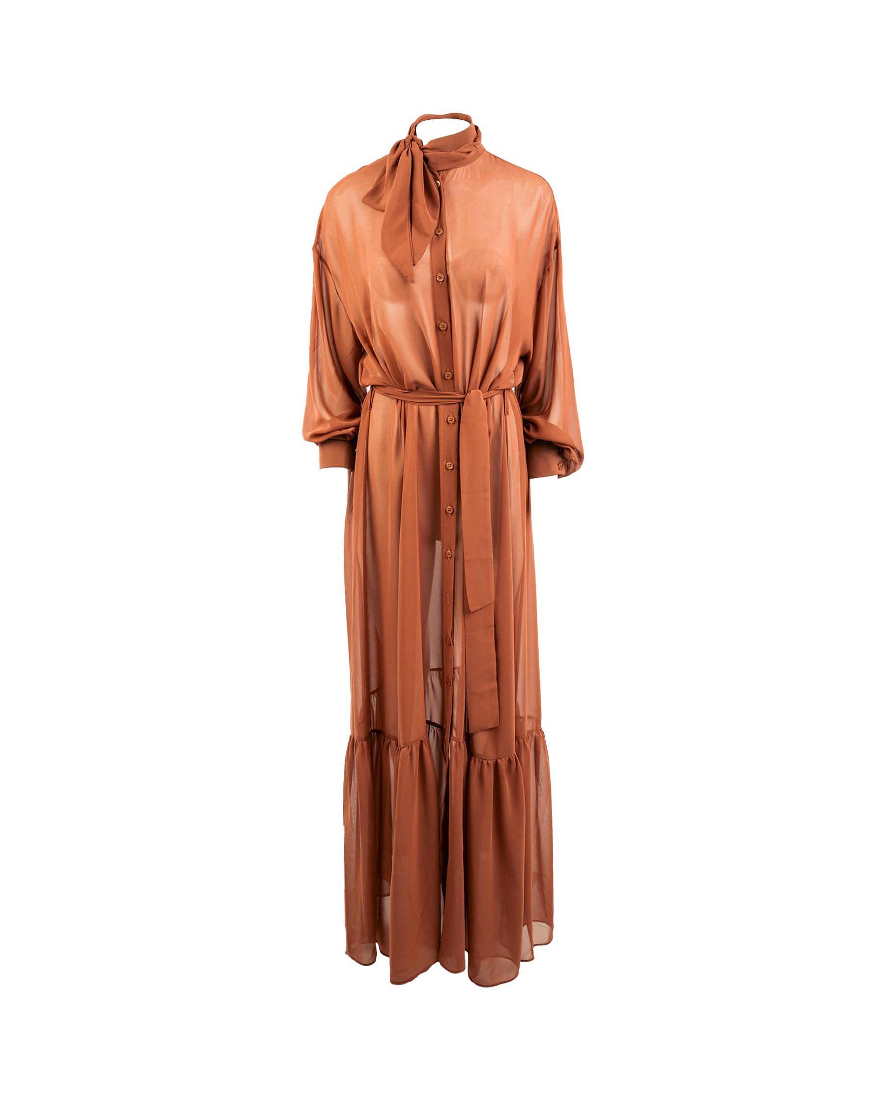 Brown dress with long sleeves and a belt on a white background