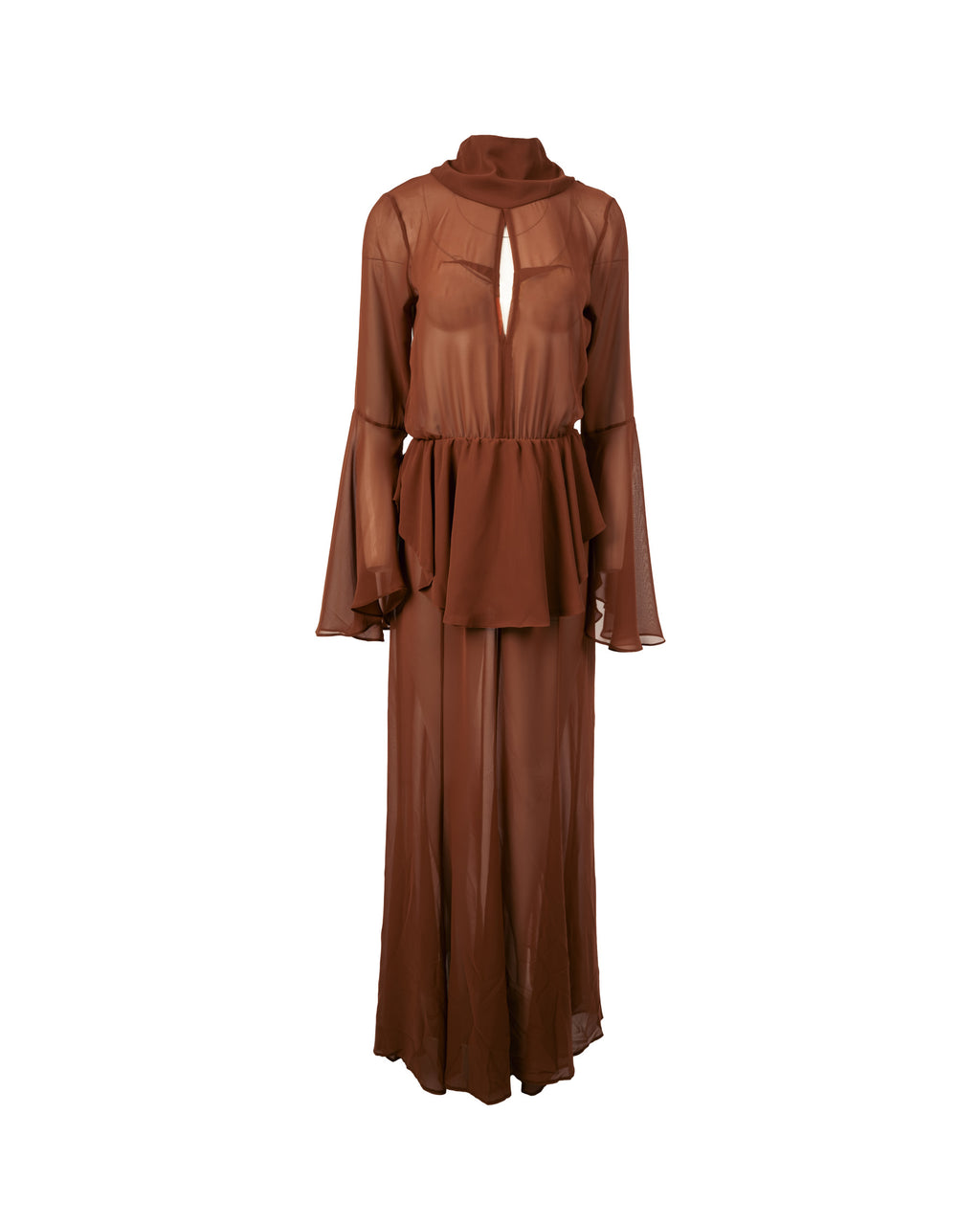 Brown dress with long sleeves and layered design on a white background