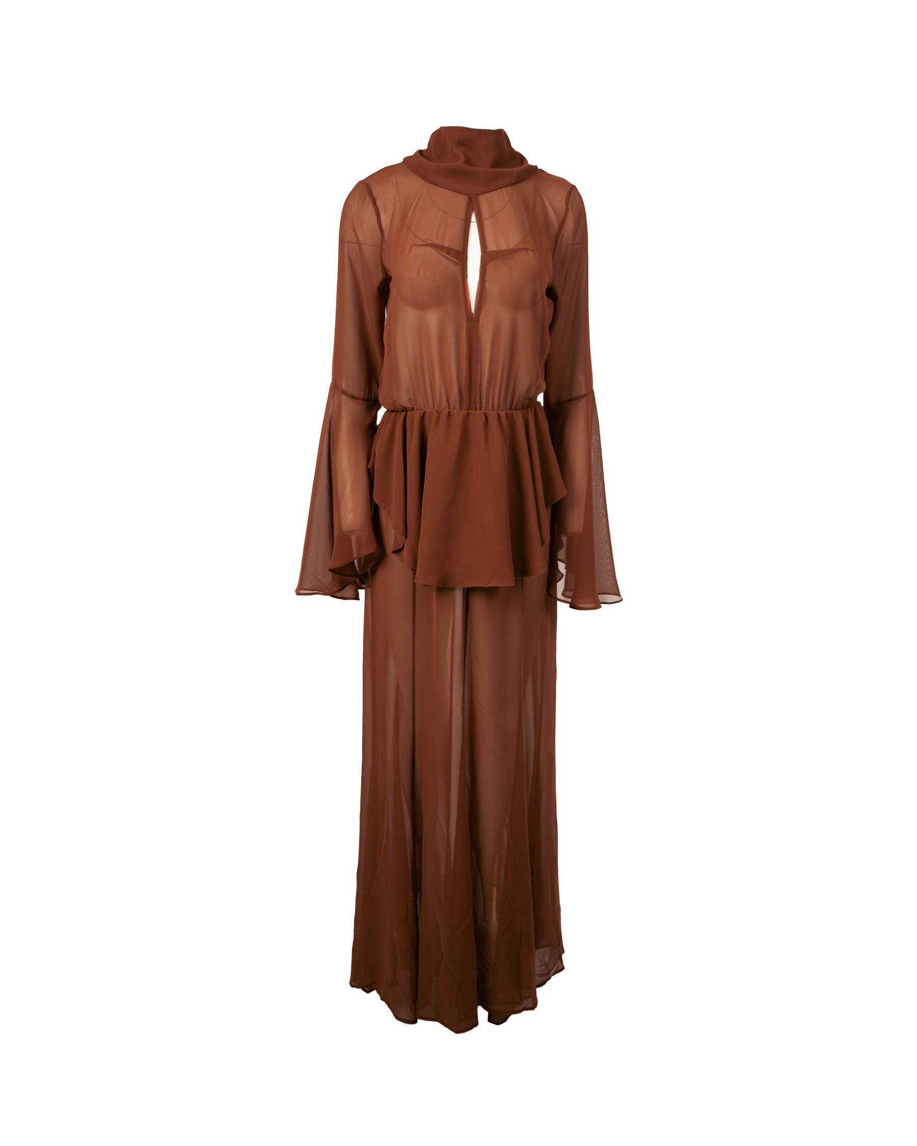 Brown dress with long sleeves and layered design on a white background