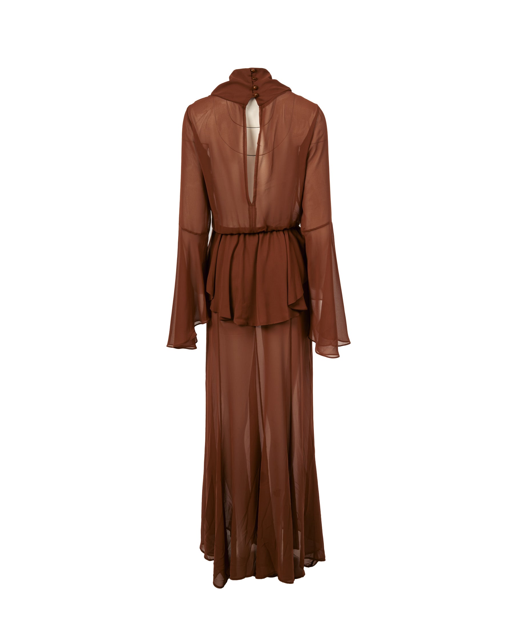 Brown dress with sheer sleeves and back on a white background