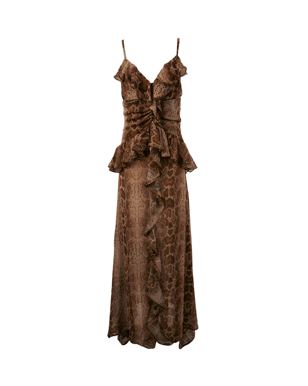 Brown evening gown with ruffled details on a white background