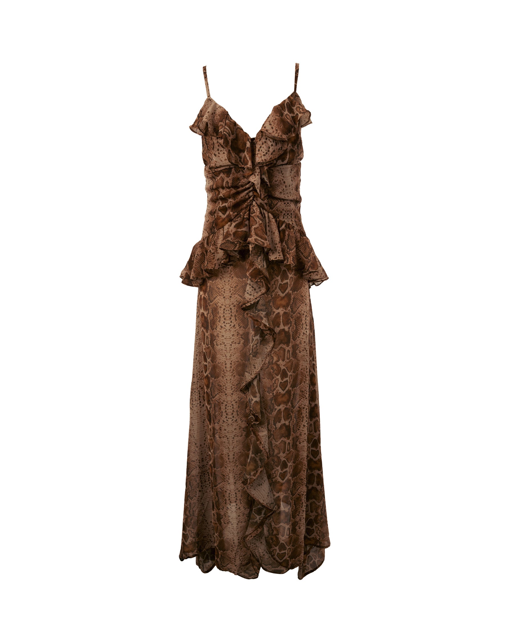 Brown evening gown with ruffled details on a white background