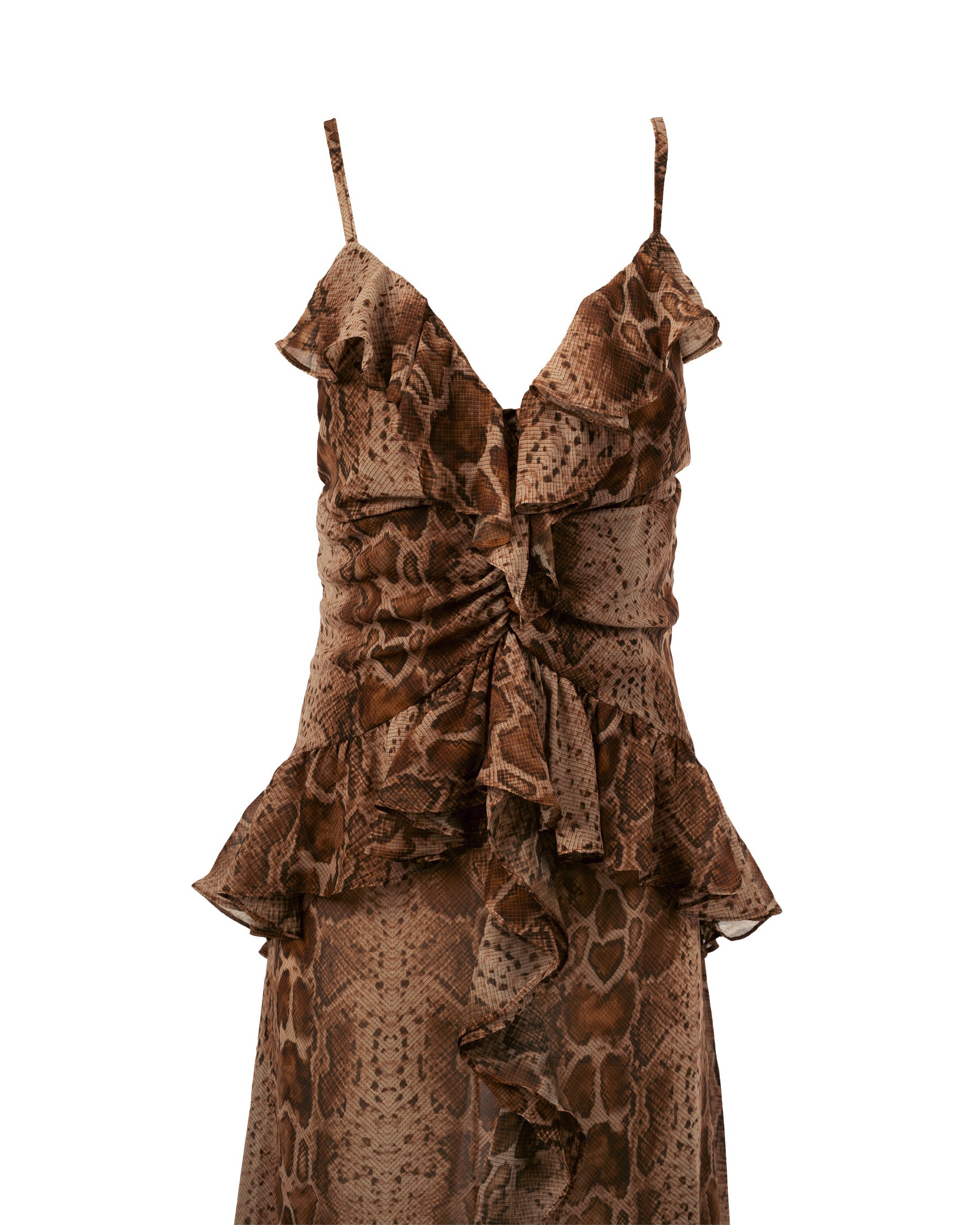 Brown patterned dress on a white background