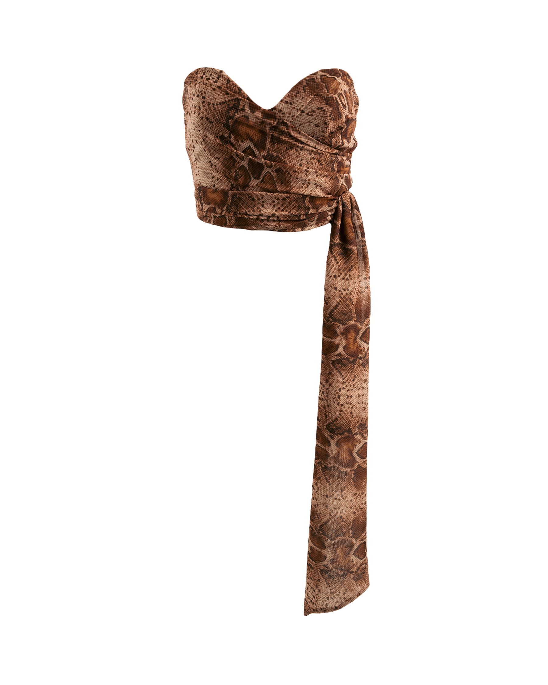 Brown patterned scarf tied around a waist on a white background