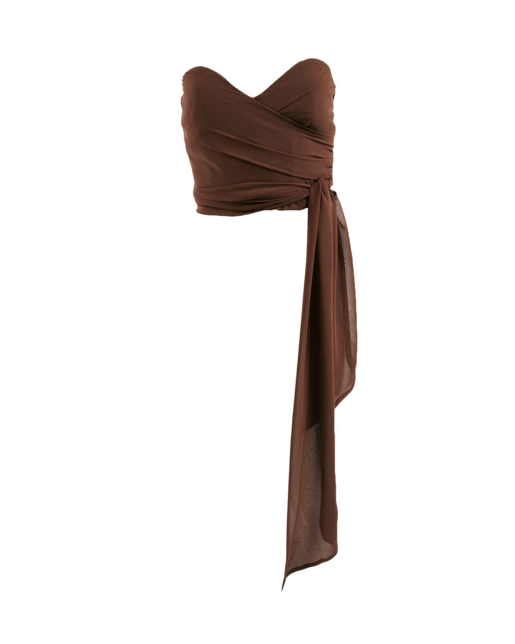 Brown strapless dress with a tie detail on a white background