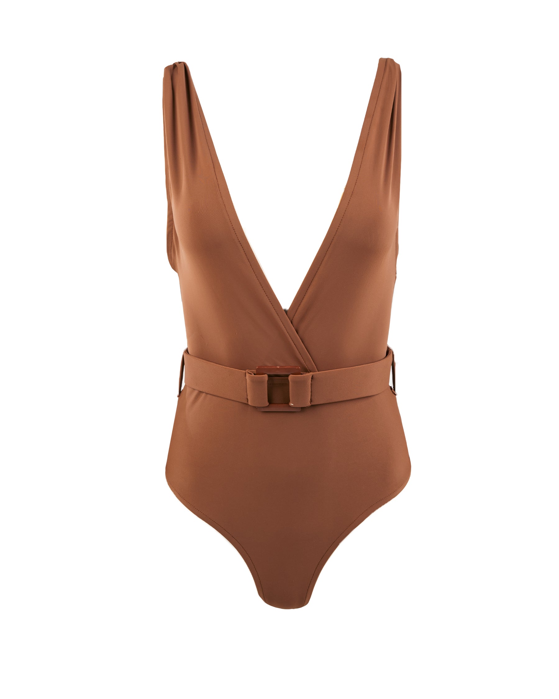 Brown swimsuit with a belt on a white background