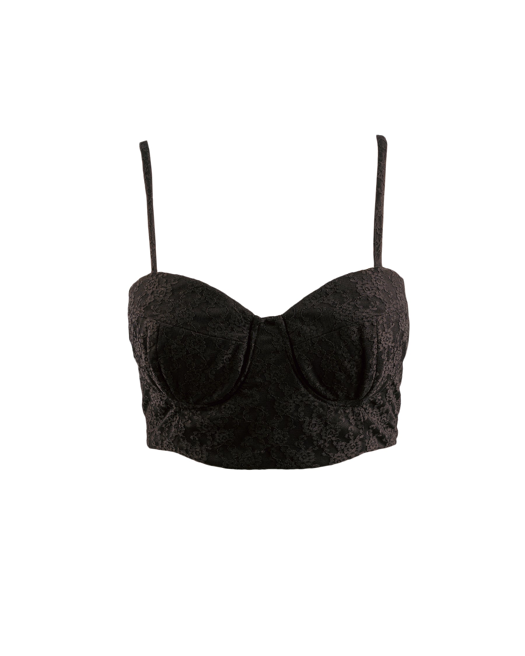 Dark gray bralette with thin straps on a white background