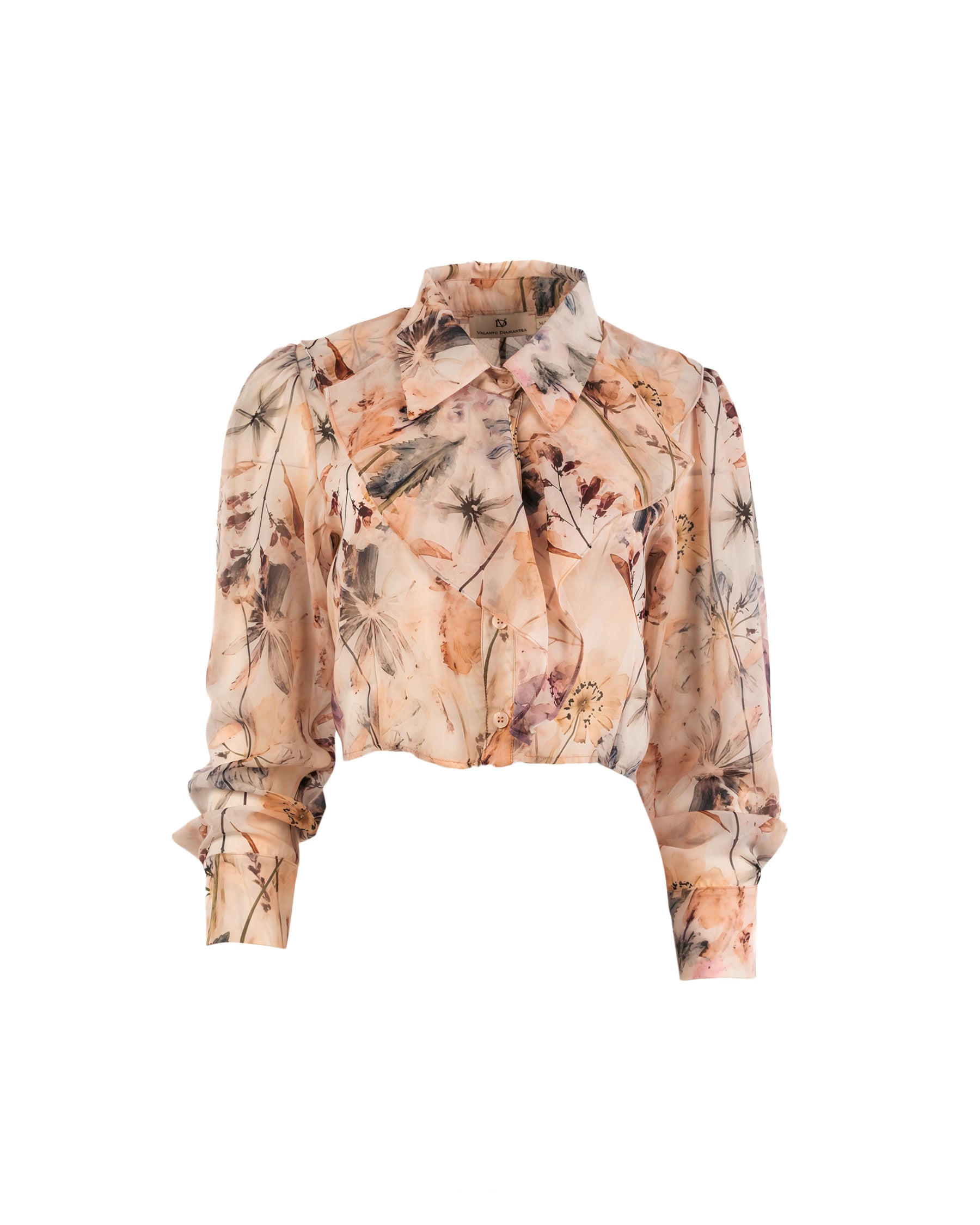 Floral blouse with a tie neckline on a white background