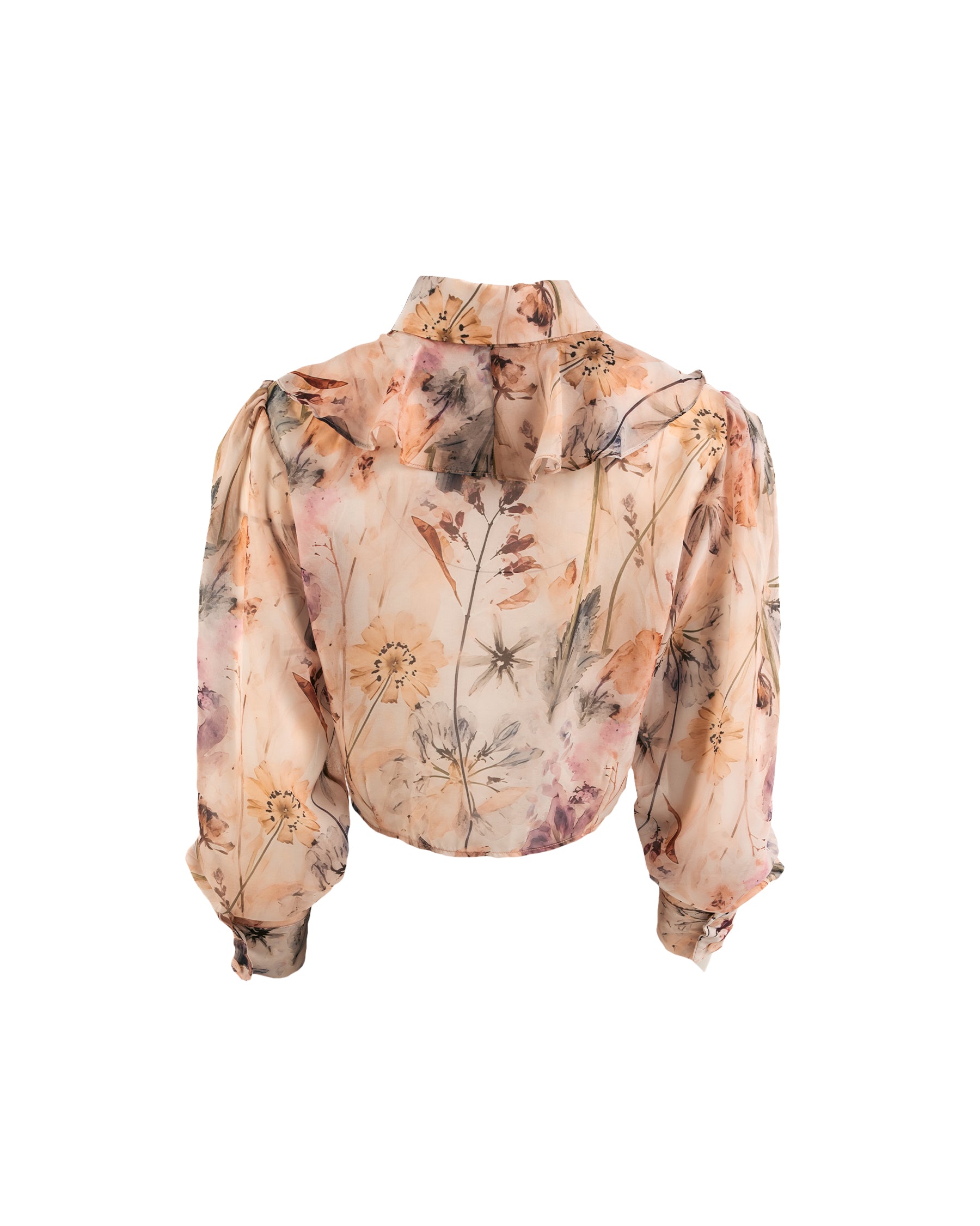 Floral blouse with sheer sleeves on a white background