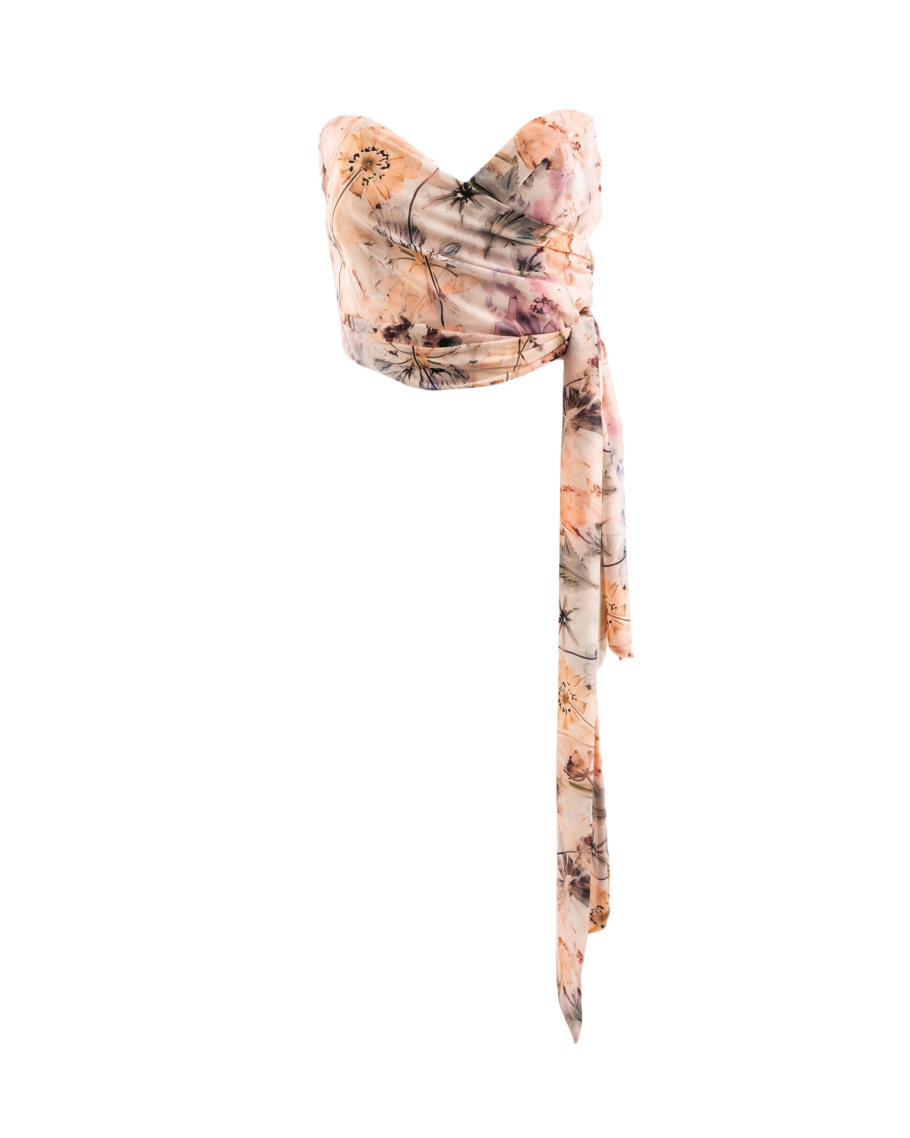 Floral patterned scarf tied in a knot on a white background
