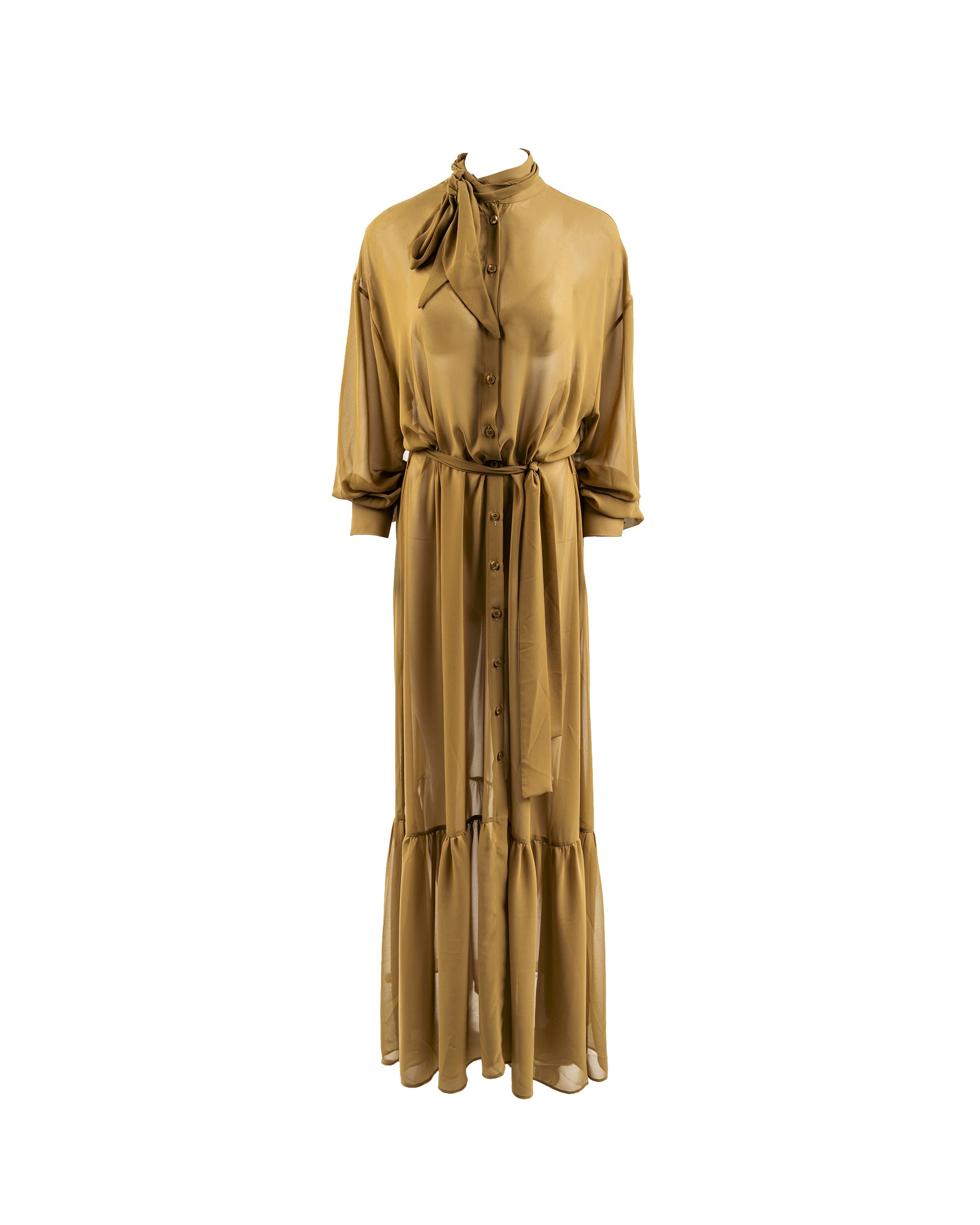 Gold dress with a belt on a white background