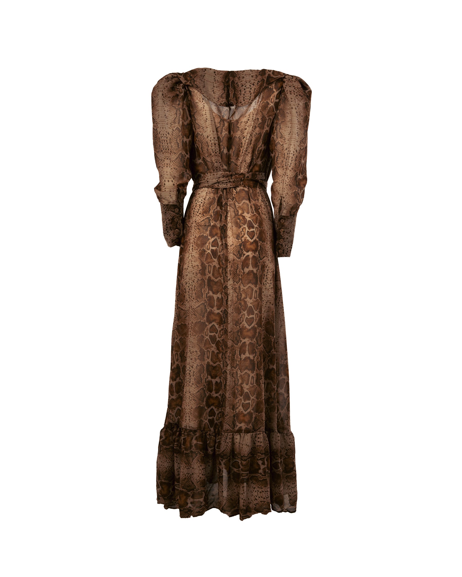Long brown dress with intricate pattern on a white background