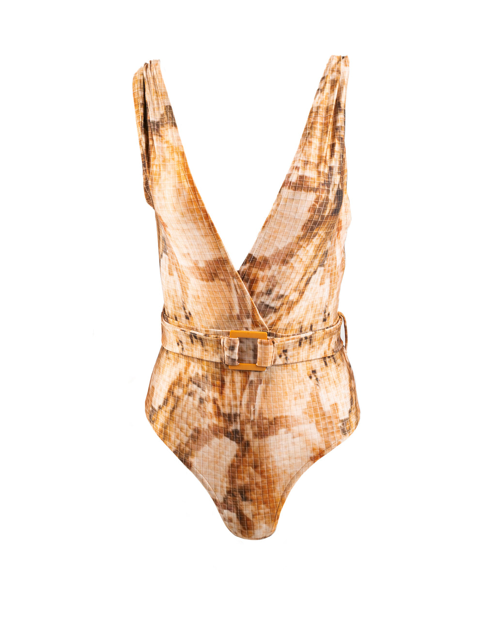 One-piece swimsuit with a pattern on a white background