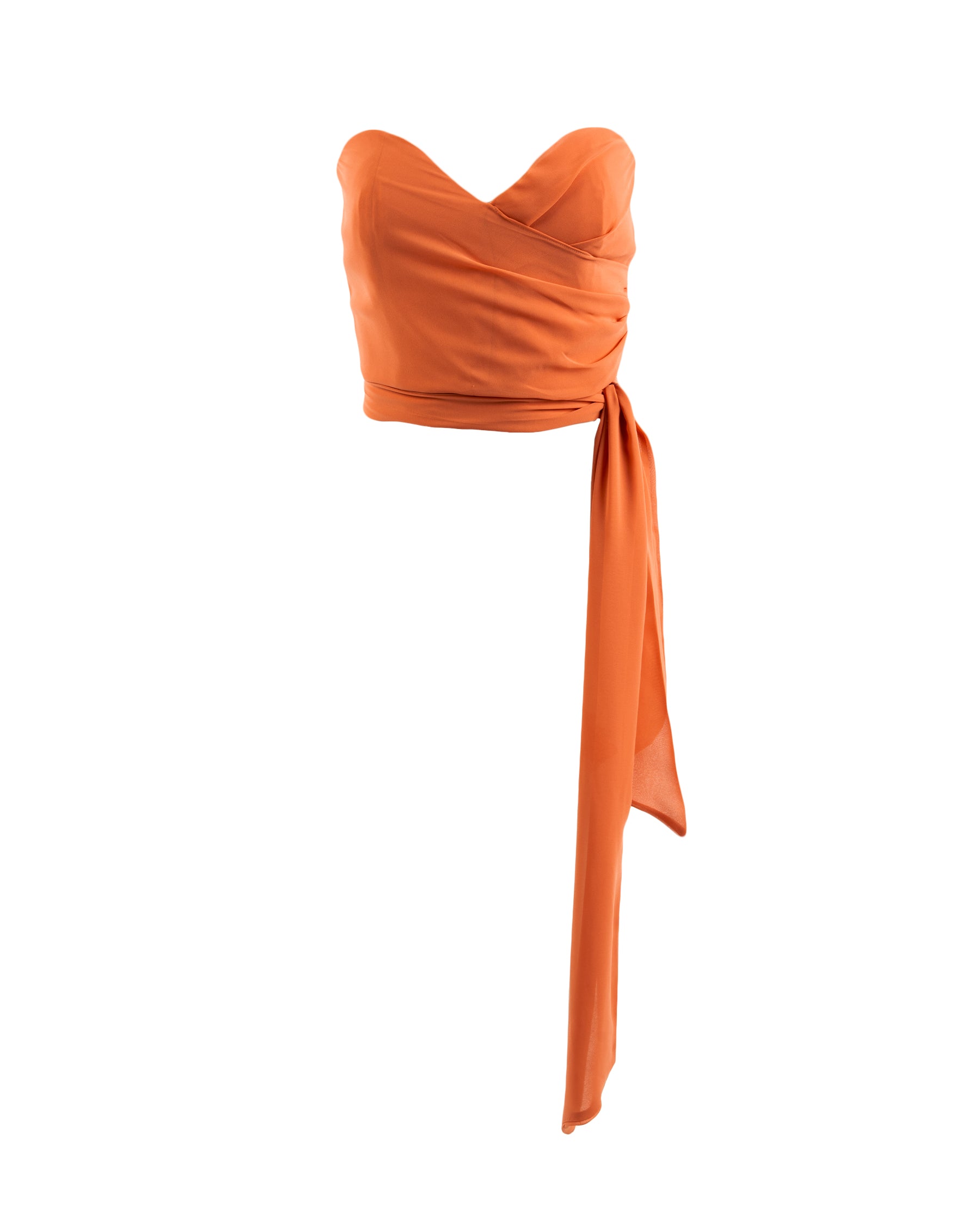 Orange strapless top with a tie detail on a white background