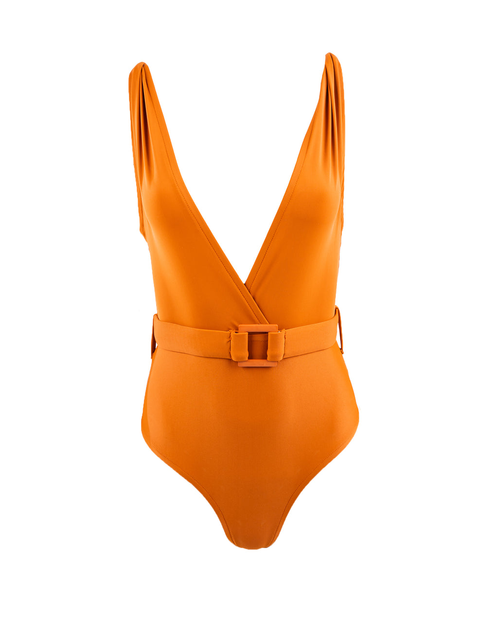 Orange swimsuit with a belt on a white background