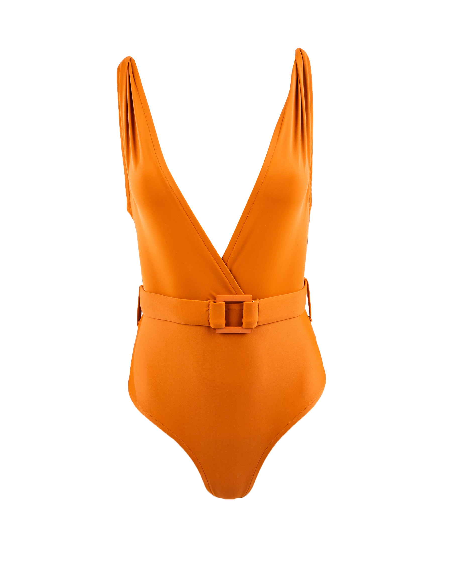 Orange swimsuit with a belt on a white background