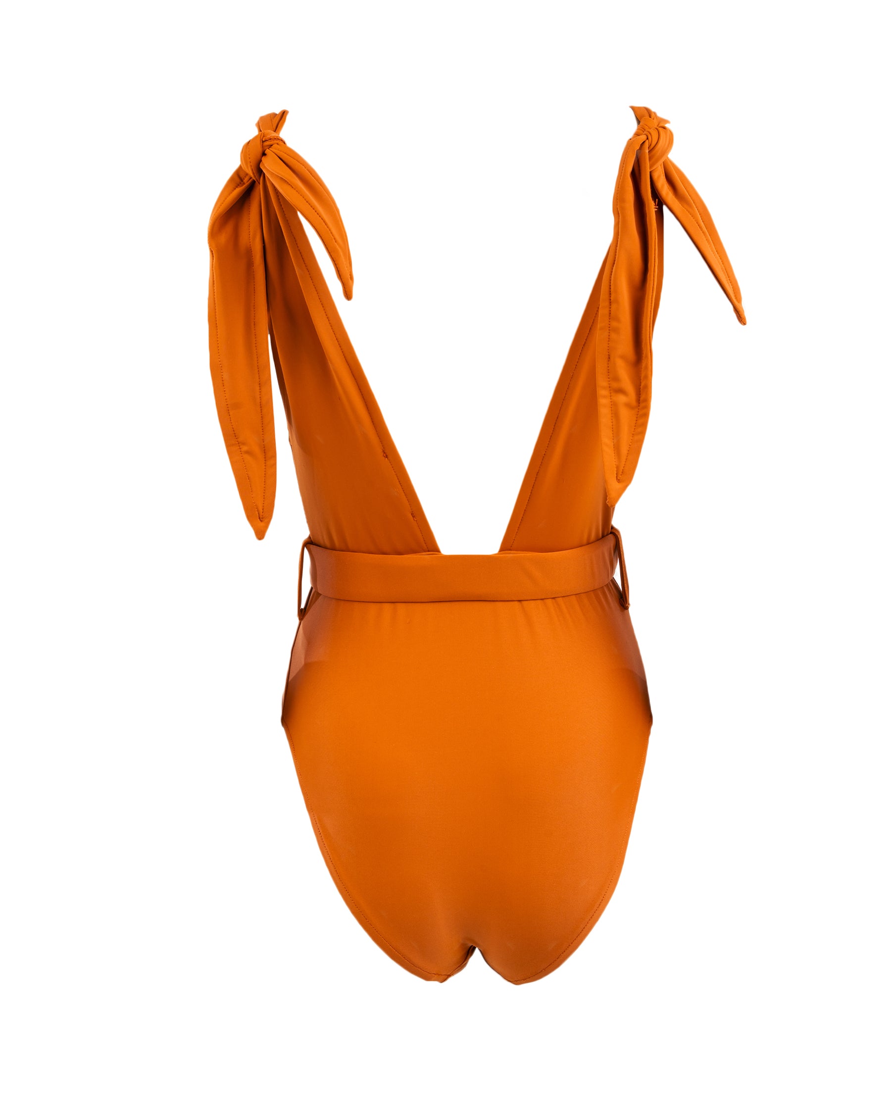 Orange swimsuit with tied shoulders on a white background