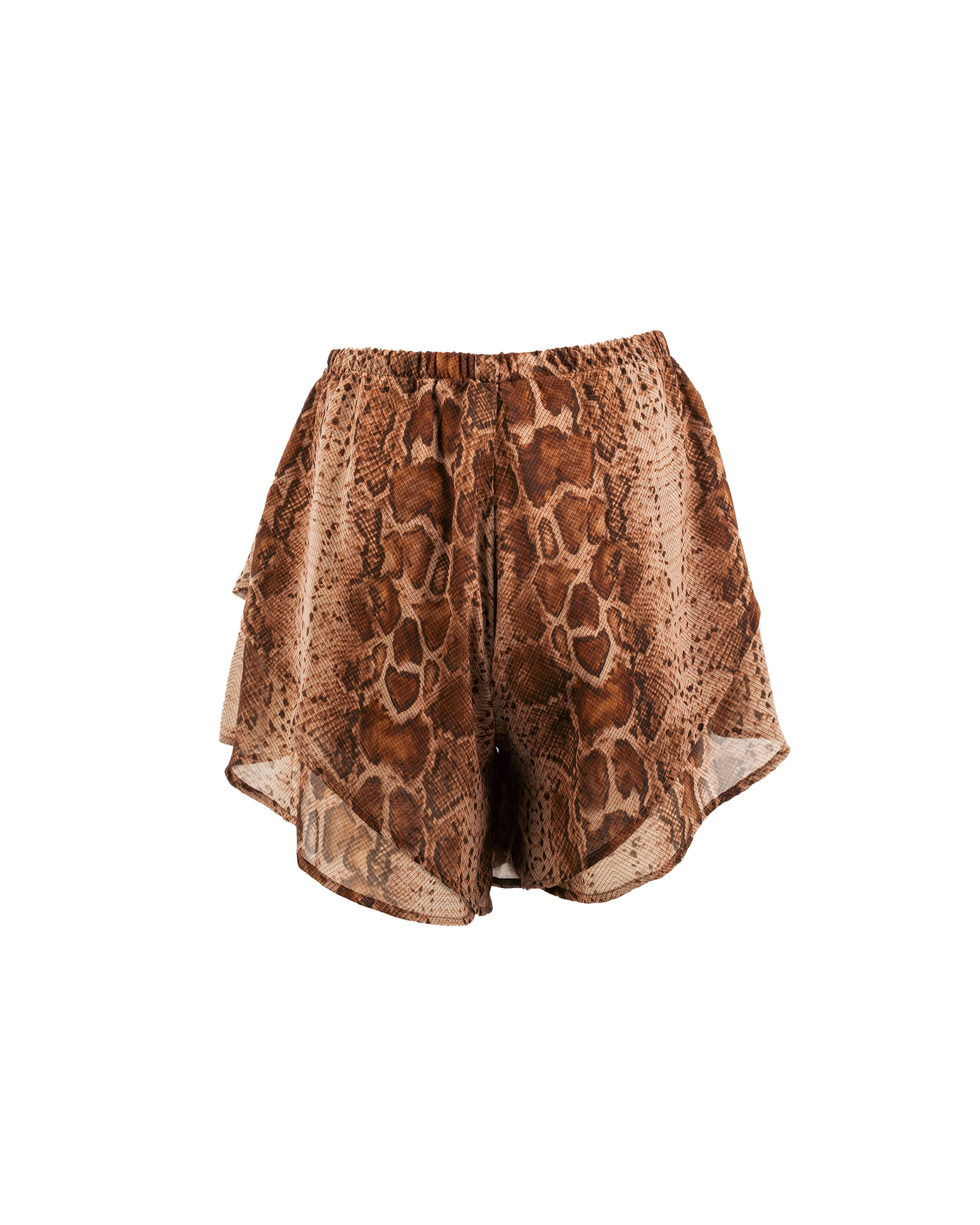 Snake print shorts on a white background