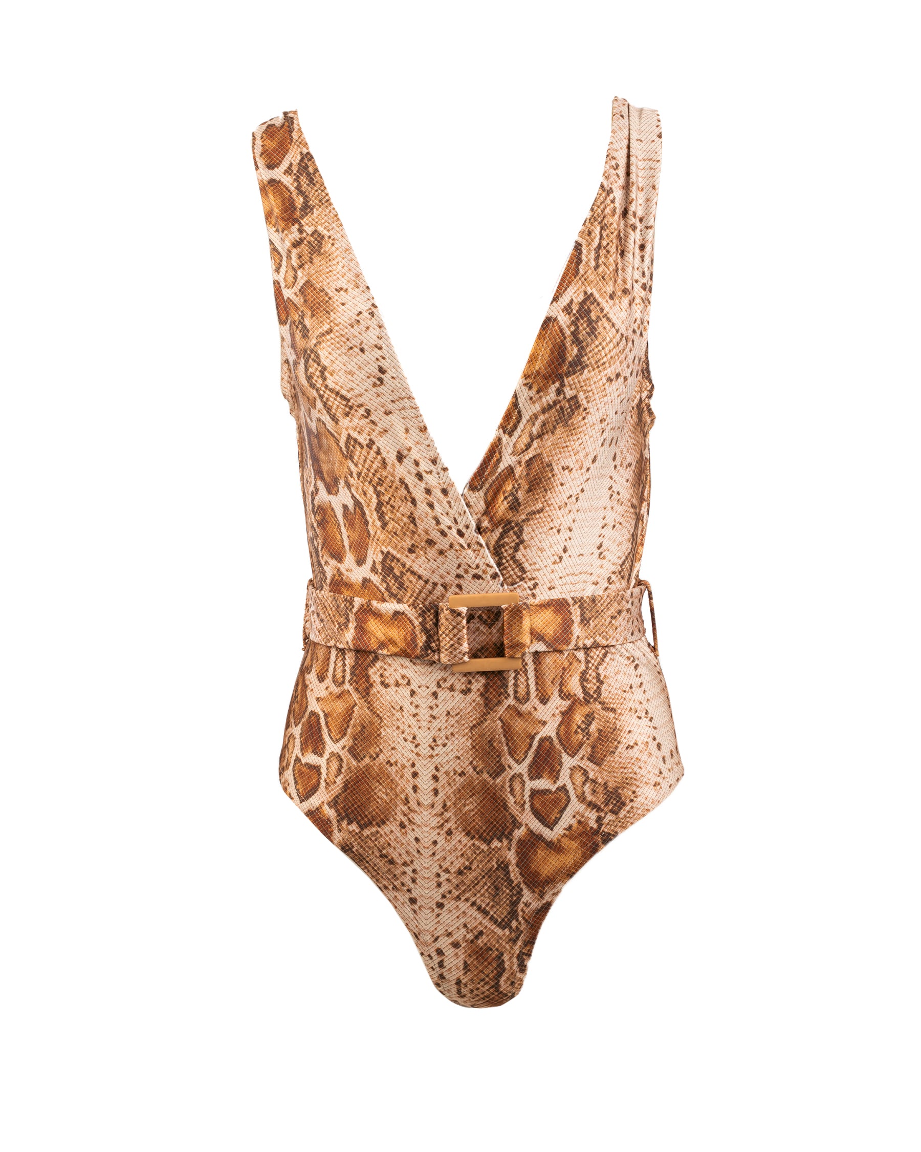 Snake print swimsuit with a belt on a white background