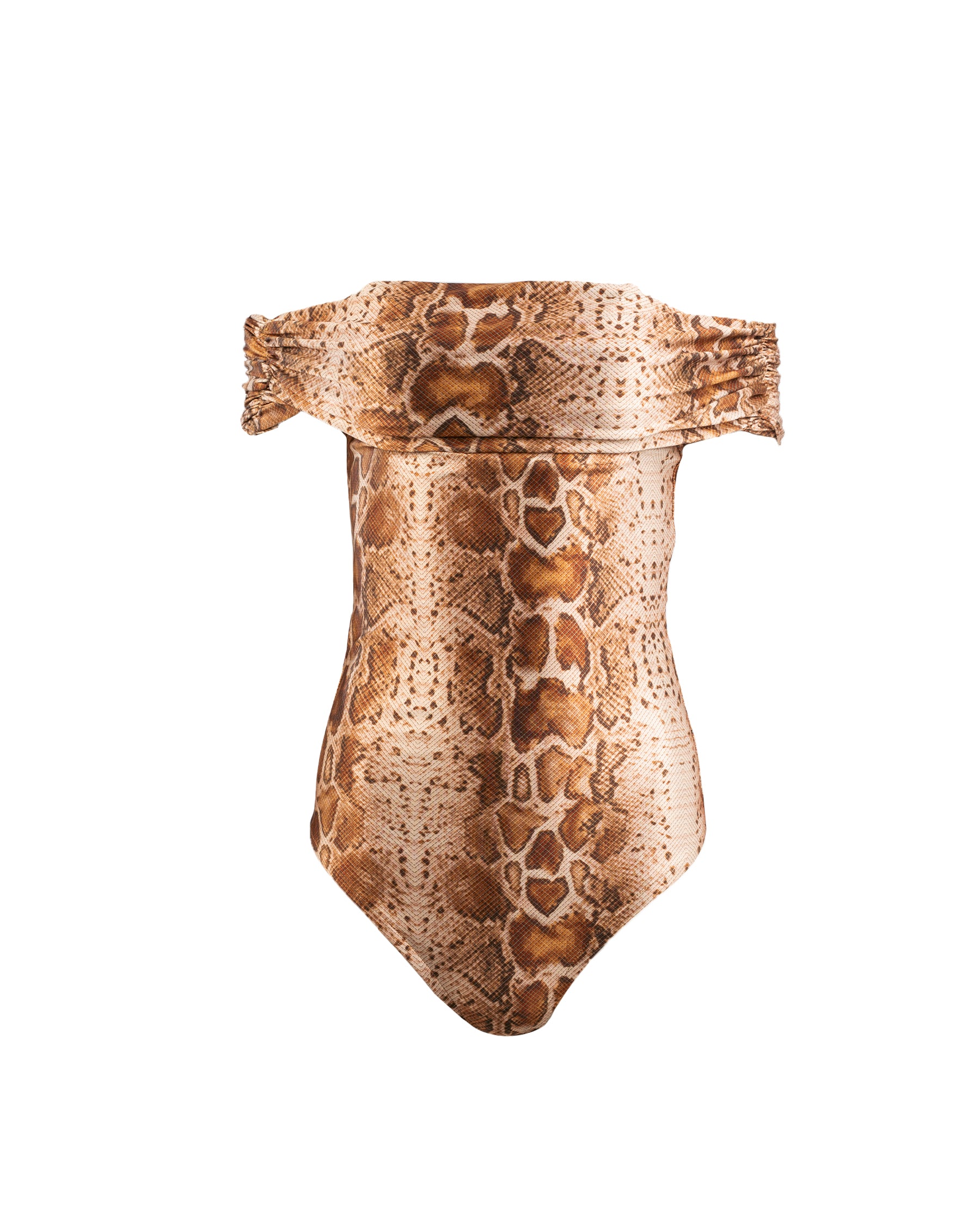 Snakeskin-patterned off-shoulder top on a white background