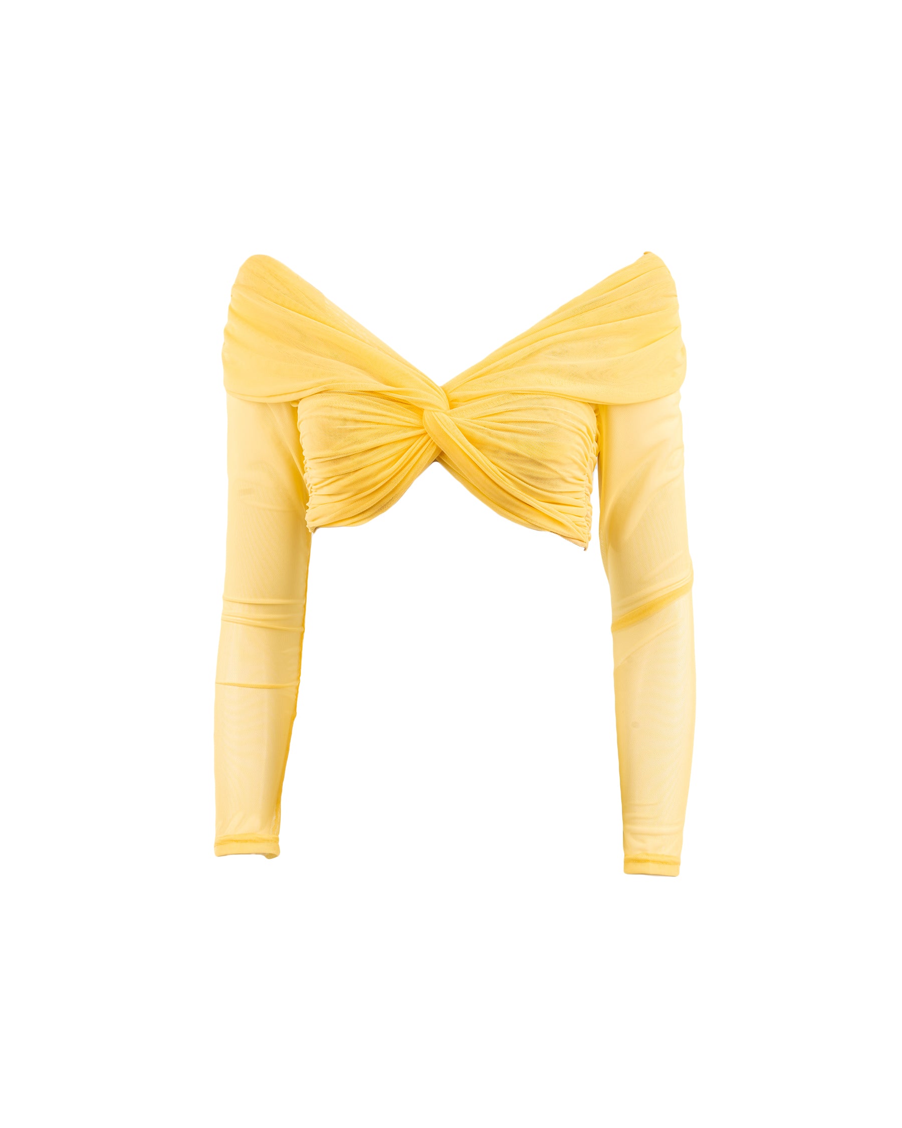Yellow crop top with a large bow on a white background