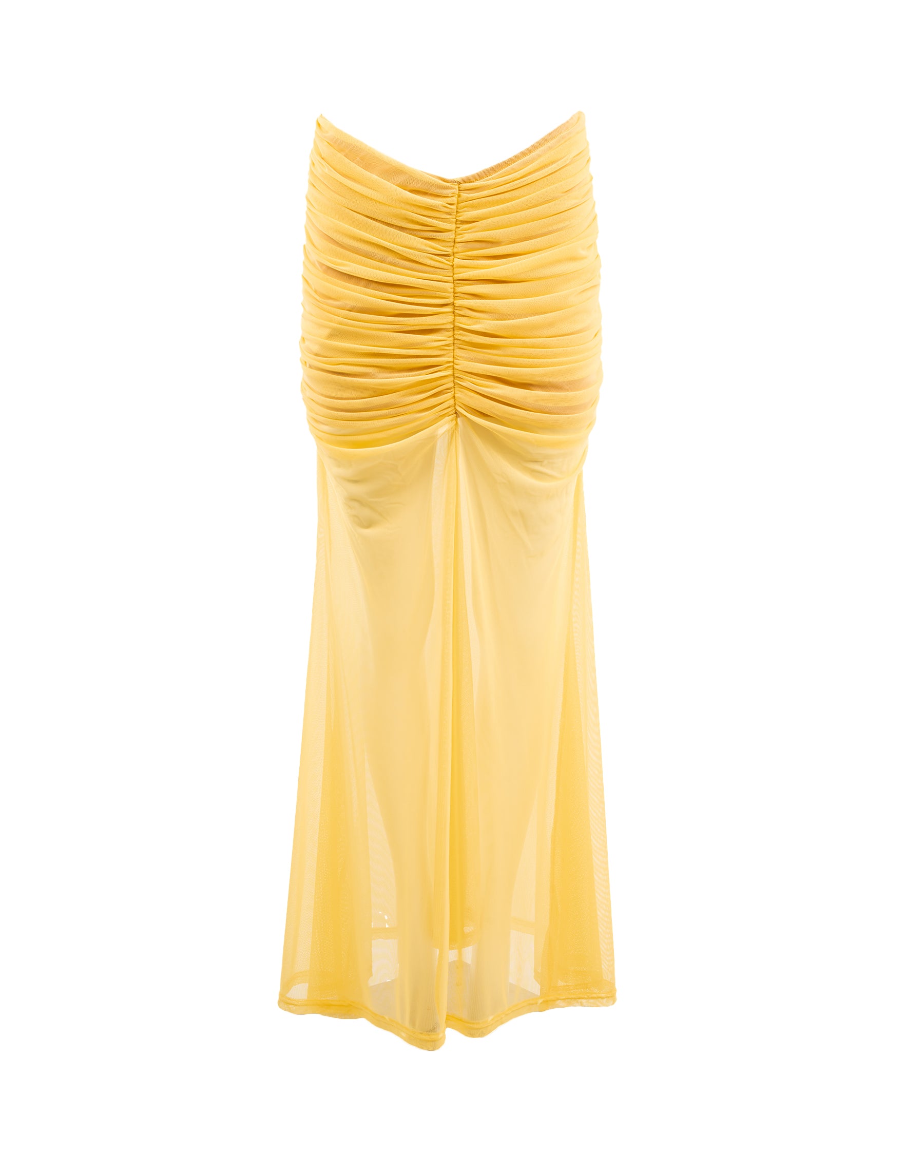 Yellow dress with ruched design on a white background
